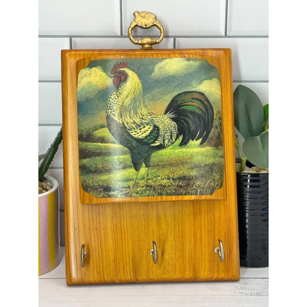 Vintage Wooden Wall Key Holder With Rooster Design & Top Hanger 3 Hooks